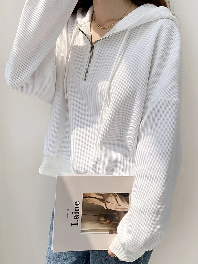 Zip Sweatshirts Women Hoodies Long Sleeve White Pullovers Female Thin Tops Loose Casual Streetwear Waffle Pulls Drop Shoulder