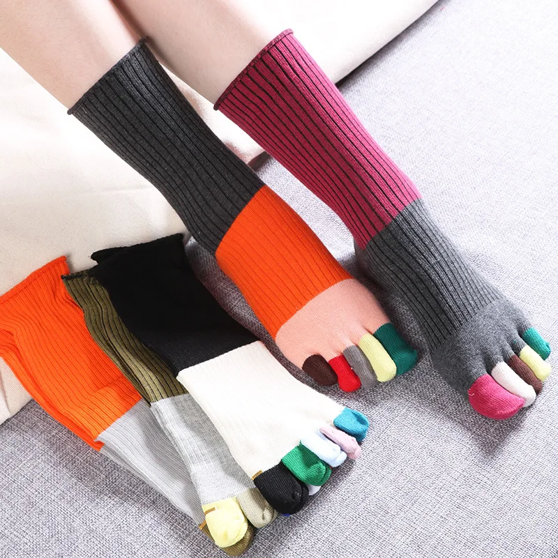 

Long Slouth Socks with Toes Japanese Style Happy Loose Sock Cotton Colorful Five Fingers High Elastic Top Socks Female Fashions