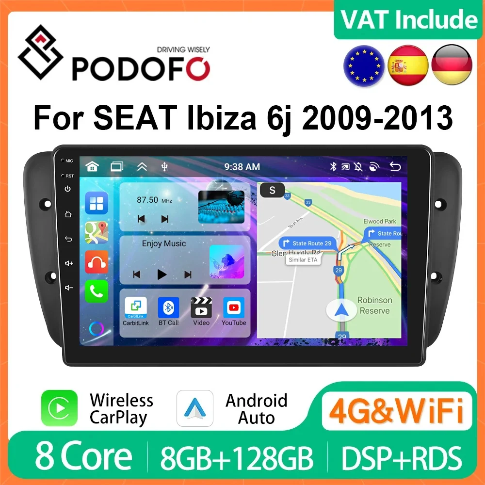 Podofo 9 "Radio de coche inalámbrico CarPlay Android Radio para SEAT IBIZA 6j 2009-2013 Multimedia GPS FM 4G WIFI sistemas inteligentes de coche 1