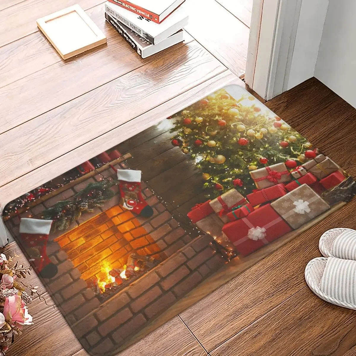 

Merry Christmas and Happy New Year Santa Claus Elk Snowflake Bathroom Mat Gift Box Rug Home Doormat Living Room Carpet Outdoor