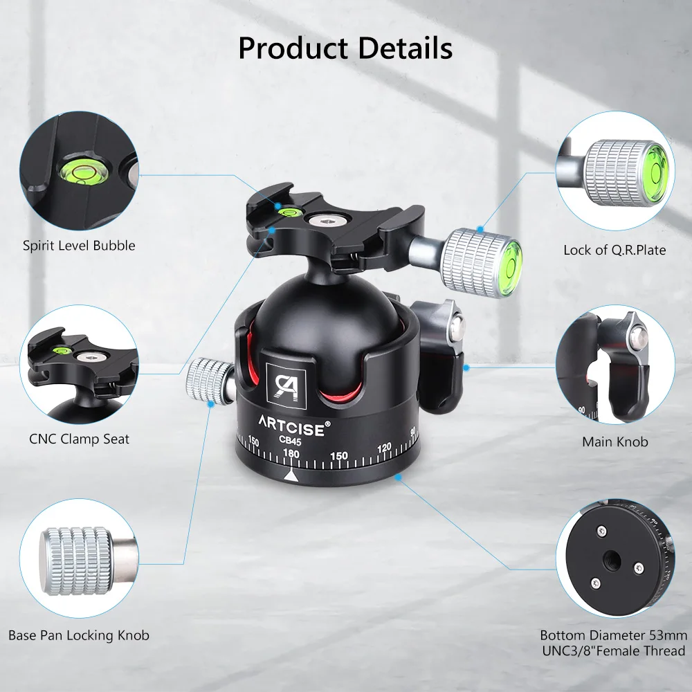 ARTCISE CB45 Low Profile Double U-Notch Ballhead 360&deg;Panoramic Professinal CNC Alloy Metal for Shooting DSLR Tripod Monopod