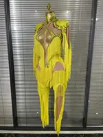 Yellow Tassel Jumpsuit Women Long Sleeve Spandex Skinny Fringe Leotard Sexy Stage Wear DJ Singer Dancer Party Show Costume - Image 2