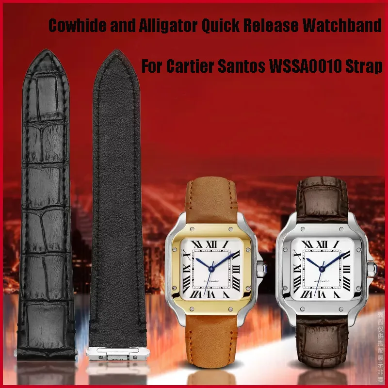 

Cowhide and Alligator Quick Release Design for Cartier New Santos WSSA0010 Replacement 19mm 21mm Black Brown Khaki Watchbands