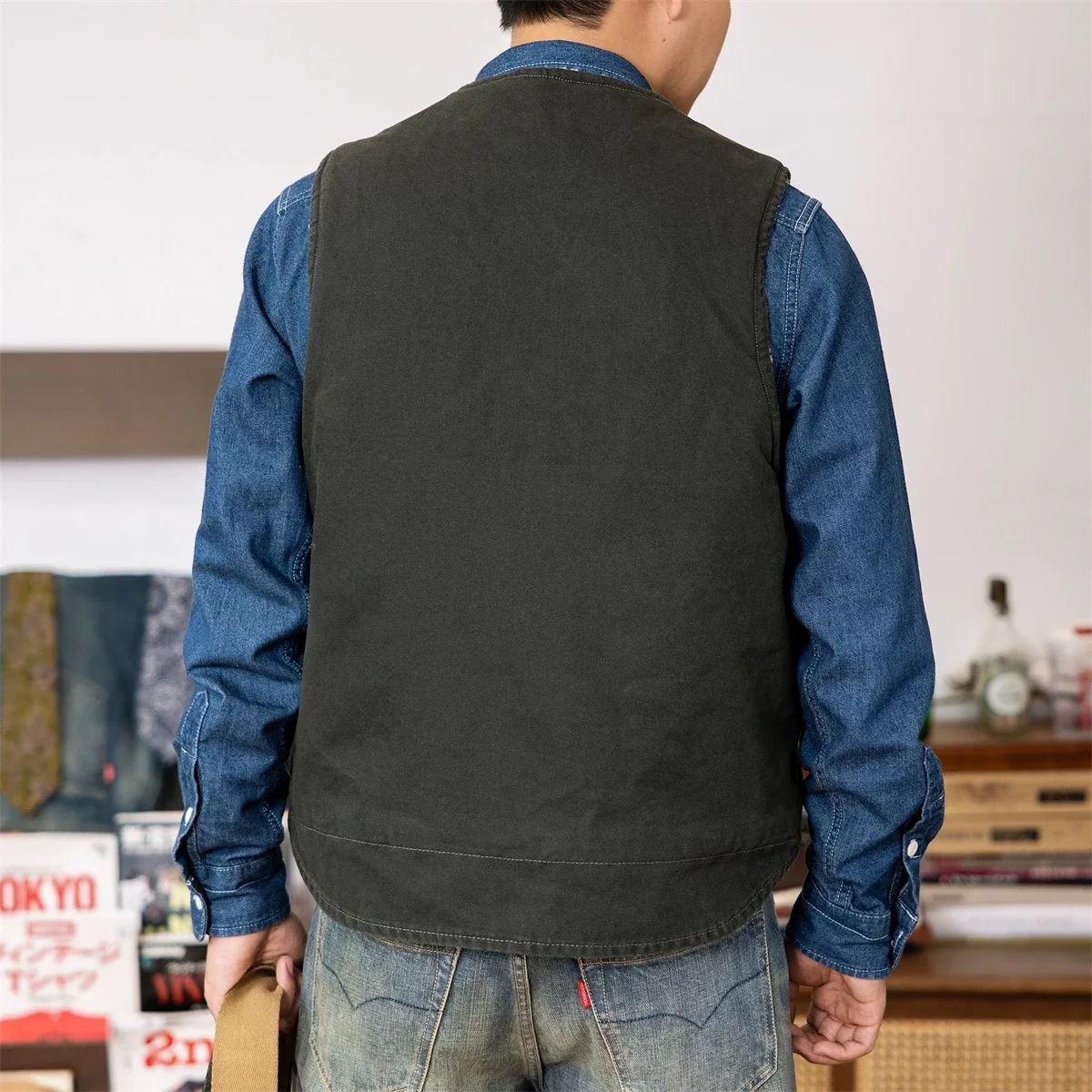 Red Tornado Washed Duck Sherpa Lined Work Vest Vintage Fashion Relaxed Fit Zip Waistcoat 4