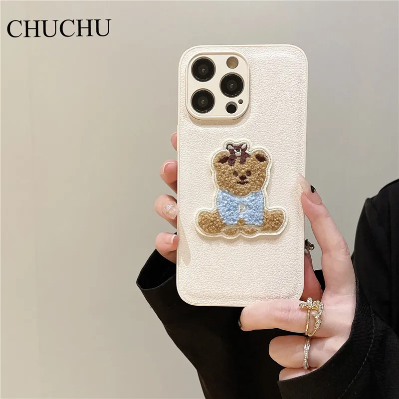 Korean Cartoon Embroidery Fluffy Bear Leather Soft Case for iphone