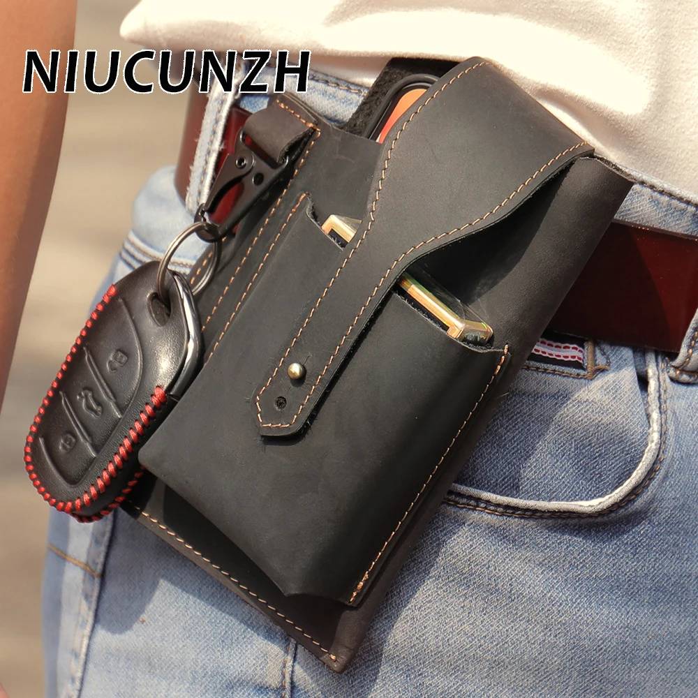 

NIUCUNZH Men Casual Design Waist Bag Male Leather Mobile Phone Bag Cigarette Case Lighter Waist Belt Pack Bum Pouch Leg Hip Pack