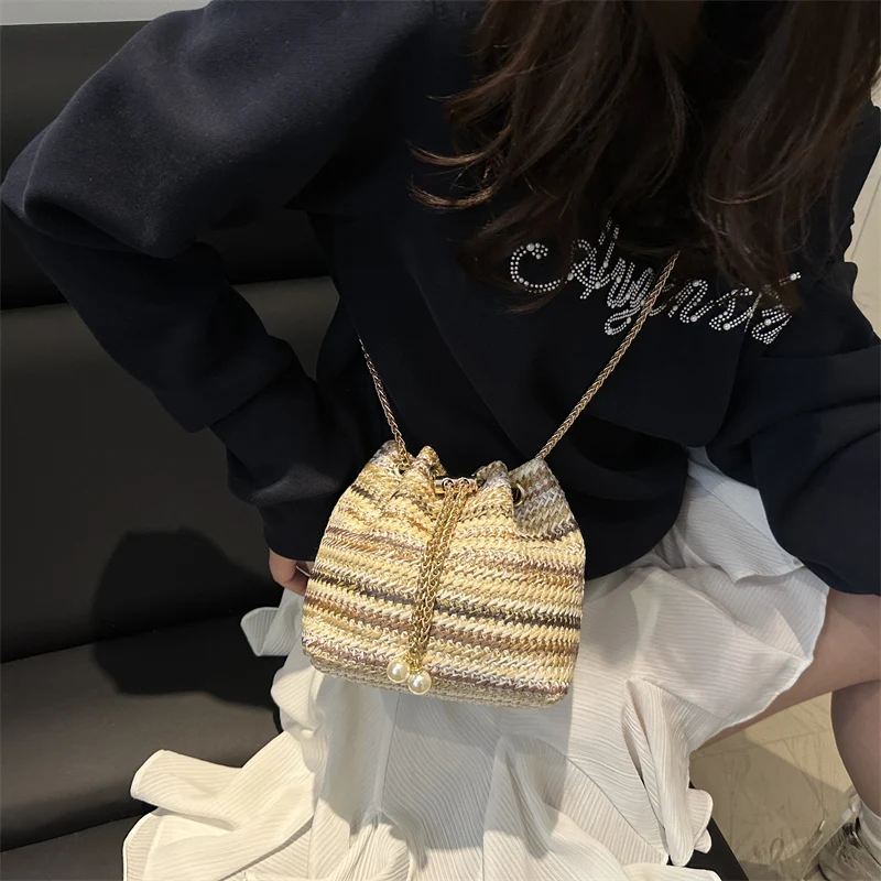 Bohemian Vacation Damen-Umhängetasche, gewebte Colorblock-Ketten-Streifen-Bucket-Bag, leichte Schultertasche mit verstellbarem Riemen – Detail 13