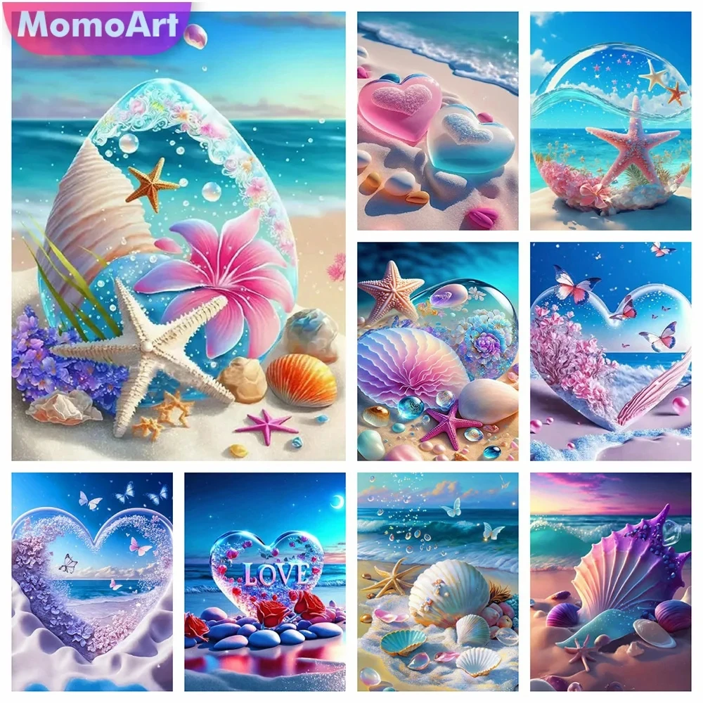 MomoArt Seaside Diamond Embroidery Shell Landscape 5D DIY Painting Love Stones Cross stitch Kits Mosaic Wall