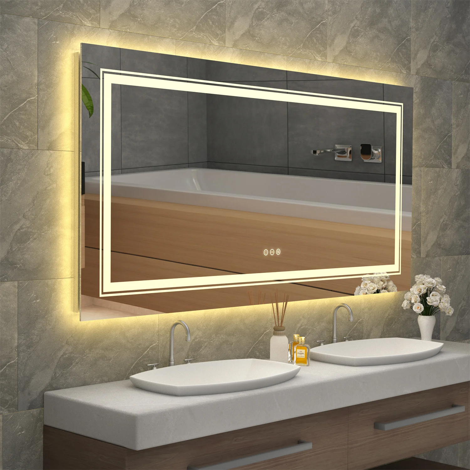 Espejo de baño con luz LED regulable, con función anti vaho, espejo grande  de pared con botón táctil, vertical y horizontal 60 x 36 pulgadas, espejo