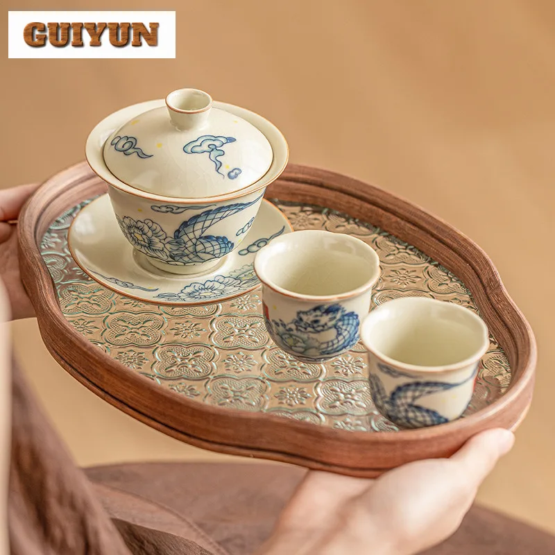 120ml Retro Ru Kiln Non Hot Gaiwan Chinese Wander Dragon Pattern Tea Tureen Ancient Tea Making Cover Bowl Cha Ceremony Gift