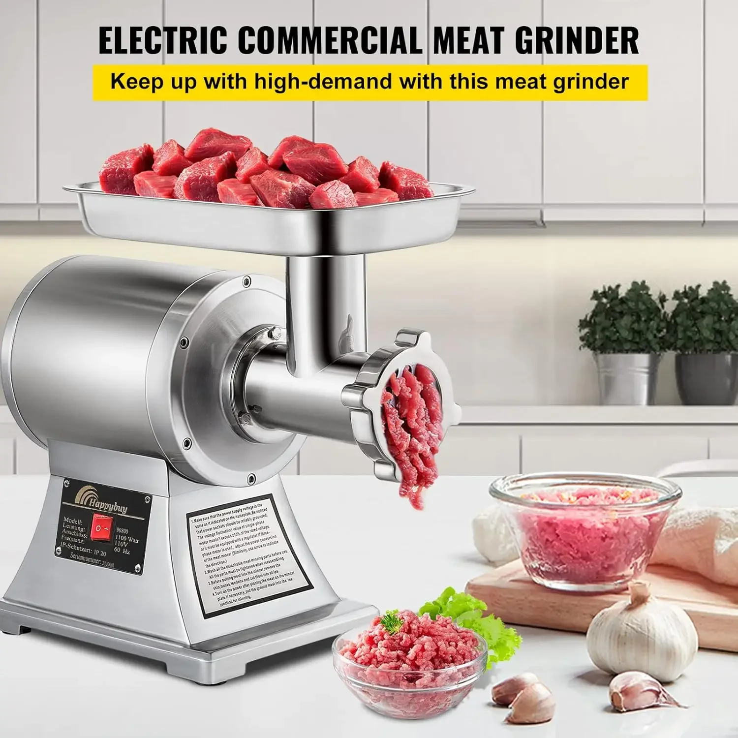 Commercial Meat Grinder,550LB/h 1100W, 220 RPM Heavy Duty Stainless Steel Industrial Meat Mincer w/2 Blades, Grinding P 2