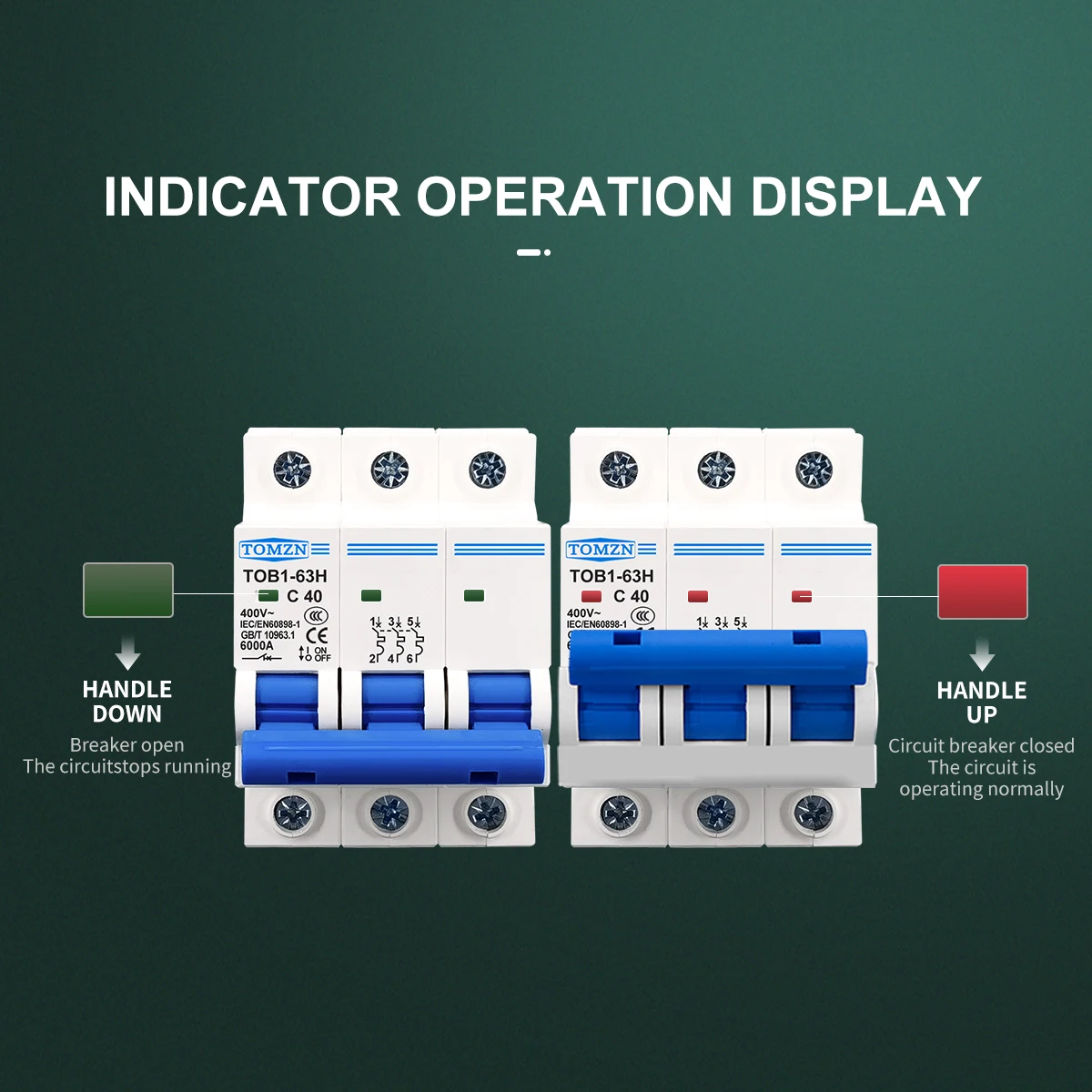 AC MCB TOB1-63 C 타입 미니 회로 차단기, 3P, 230 V, 400V 50HZ, 60HZ, 3A, 6A, 10A, 16A, 20A, 25A, 32A, 40A, 50A, 63A