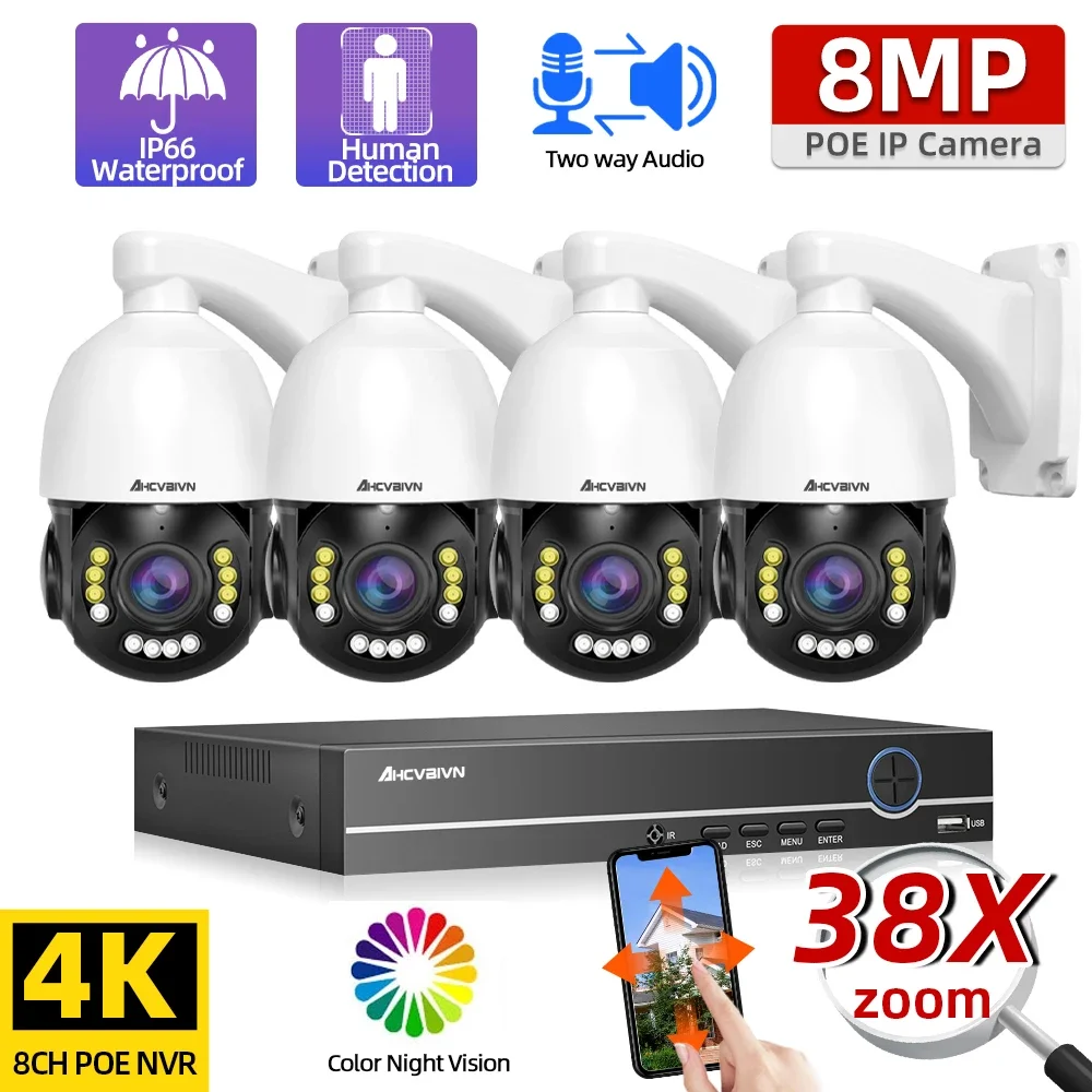 

Two-Way Audio Camera System 8CH 4K 8MP POE NVR Kit 38X Zoom PTZ AutoTrack Color NightVision IP Camera Video Surveillance IPC Set