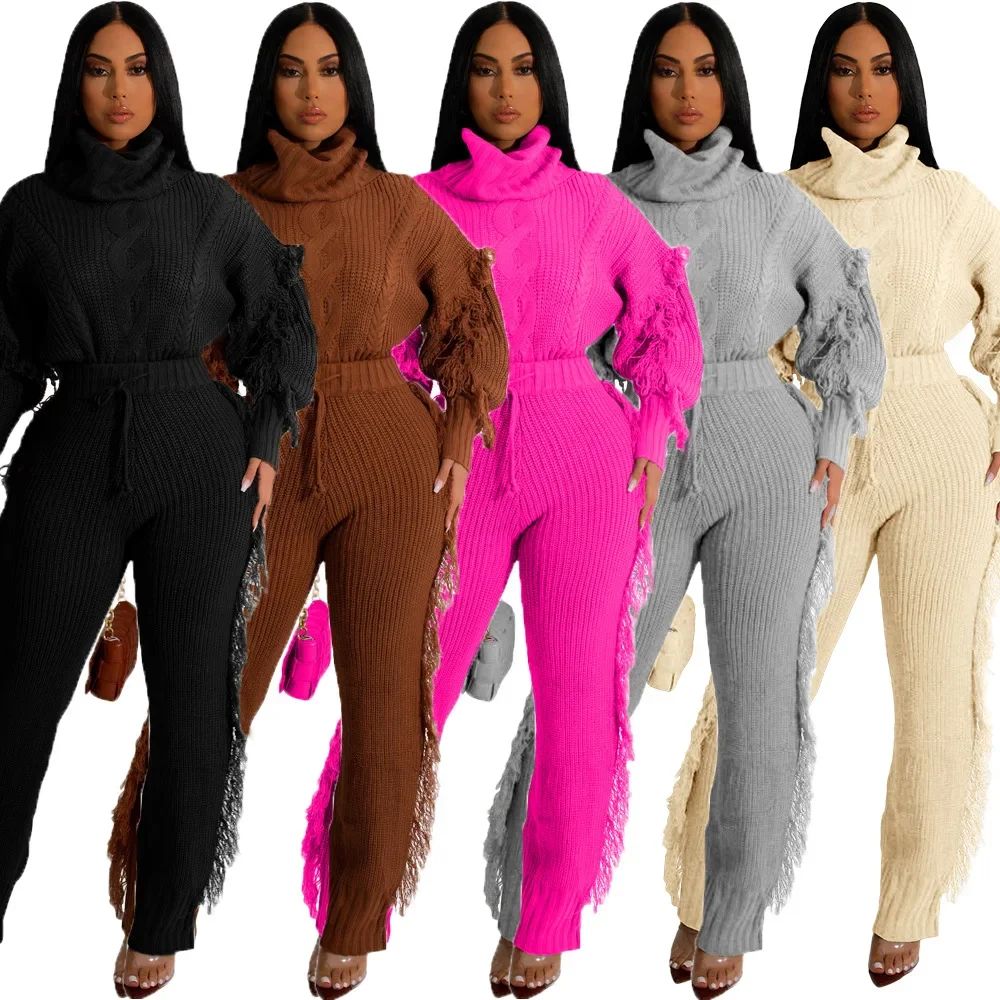 Solid Knitted Tassel 2 Piece Set Women Autumn Winter Turtleneck Long Sleeve Sweater Elastic High Waist Pants Casual Streetwear
