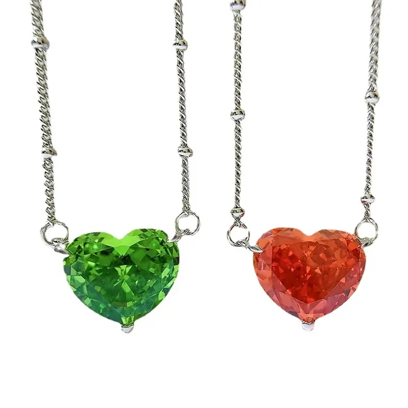 

Spring Qiaoer 925 Sterling Silver Heart Shape Pink Green 5A Zircon Pendant Necklace For Women Wedding Party Fine Jewelry Gifts