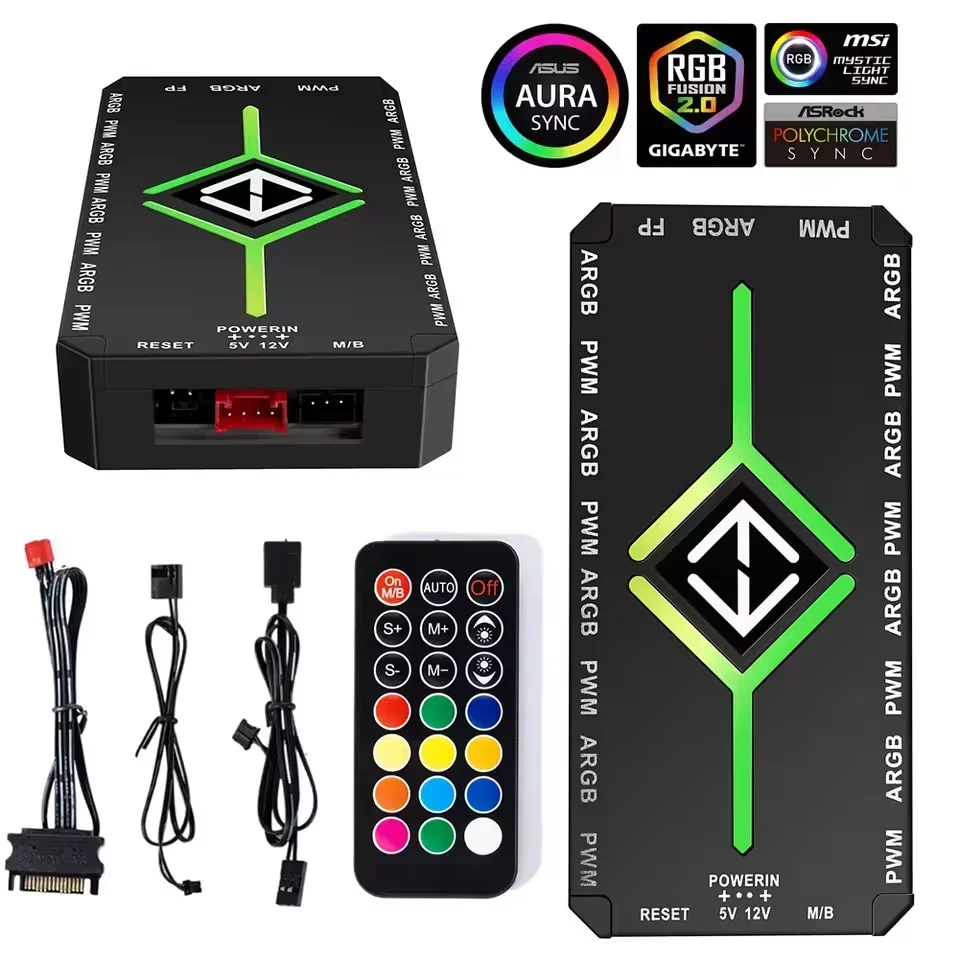 ARGB PWM 팬 허브 어댑터 (ARGB 컨트롤러 내장, 1-9포트, 5V 3핀 PC 쿨링 팬 허브 분배기, SATA 전원 공급, PWM 마그네틱 허브)