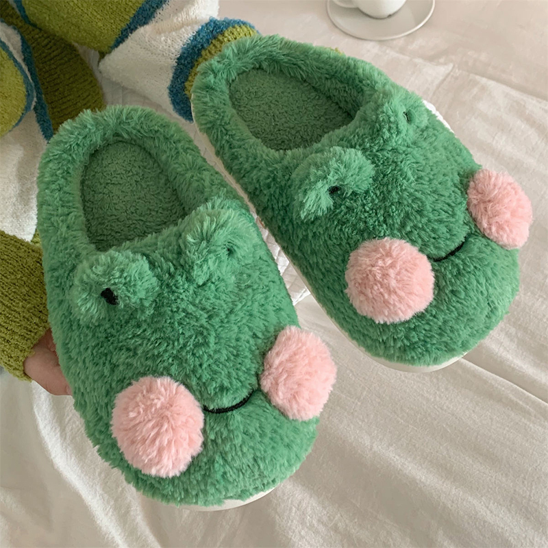 Cute Green Frog Fluffy Furry Slippers Women Winter Closed Plush Home Fur Slippers Kawaii Animal Cozy Memory Foam Slides Shoes