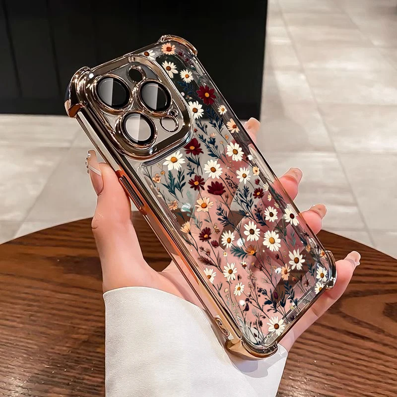 Elegant Daisy Flower Plating Airbag Phone Case - Transparent Shockproof Design