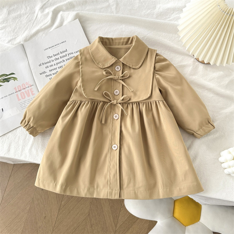 Girls Trench Coat Children Spring Autumn New Jackets Princess Turn-down Collar Khaki Outerwear 2025 Kids Fashion Loose Clothing