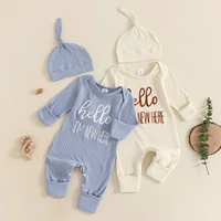 Newborn Baby Boy Fall Clothes Set Casual Letter Embroidery Long Sleeve Ribbed Romper Jumpsuit and Hat 2Pieces Set for Infants