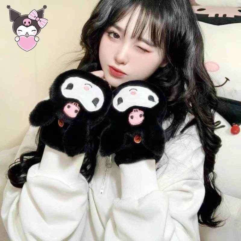 

Sanrioed Kuromi плюшевые перчатки с откидной крышкой Женские аниме кавайные Мультяшные новые зимние утолщенные теплые милые мягкие Праздничные подарки для девочек и студентов