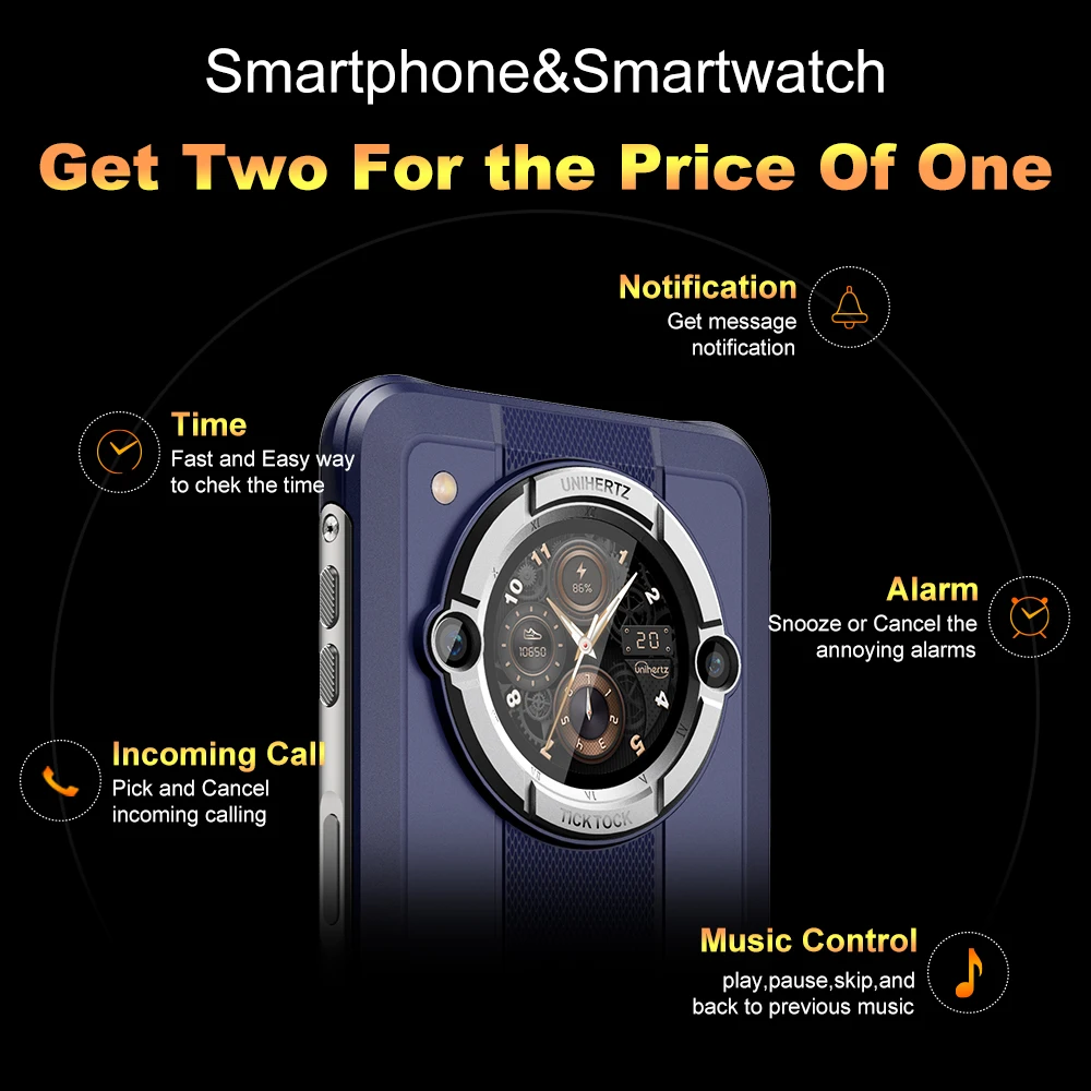 Unihertz Tick Tock E Android 12 Cellphones Smartphone 6.5 Inch 4GB 64GB Mobile Phone Smart Rear Display 6000mA Octa Core MTK6765