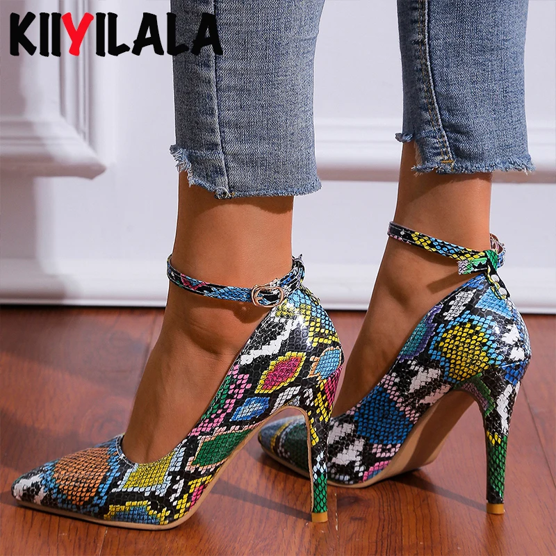 

Kllyilala Sexy Snakeskin Buckles Leather Women Pumps Pointed Toe High Heels Dress Shoes Slip-on Patchwork Wedding Party Dress