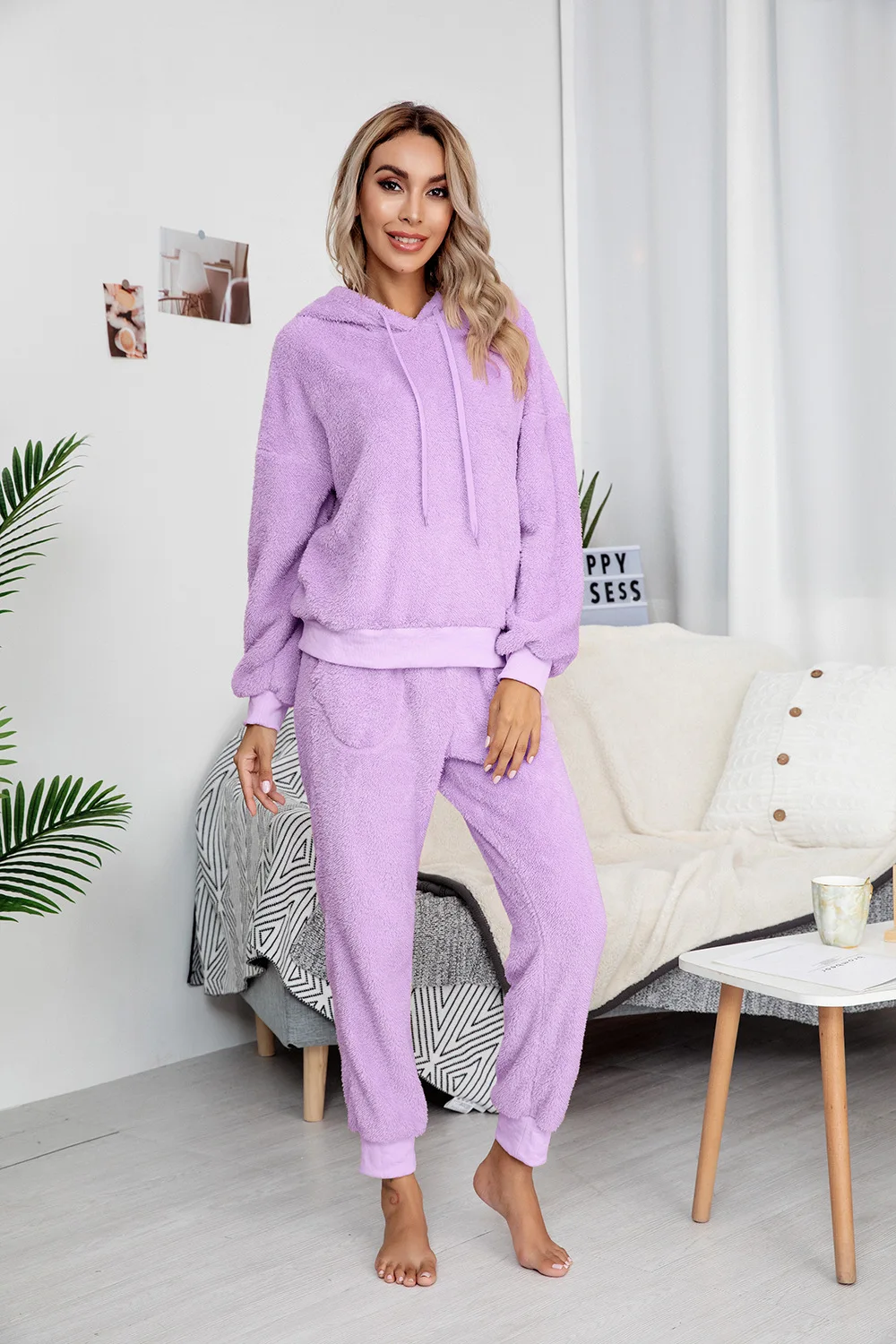 Women Loungewear Set Autumn Winter Fluffy Cozy Fleece Hooded Sweater Home Wear Two Piece Set Pajamas Suitwomen'S Loungewear Set