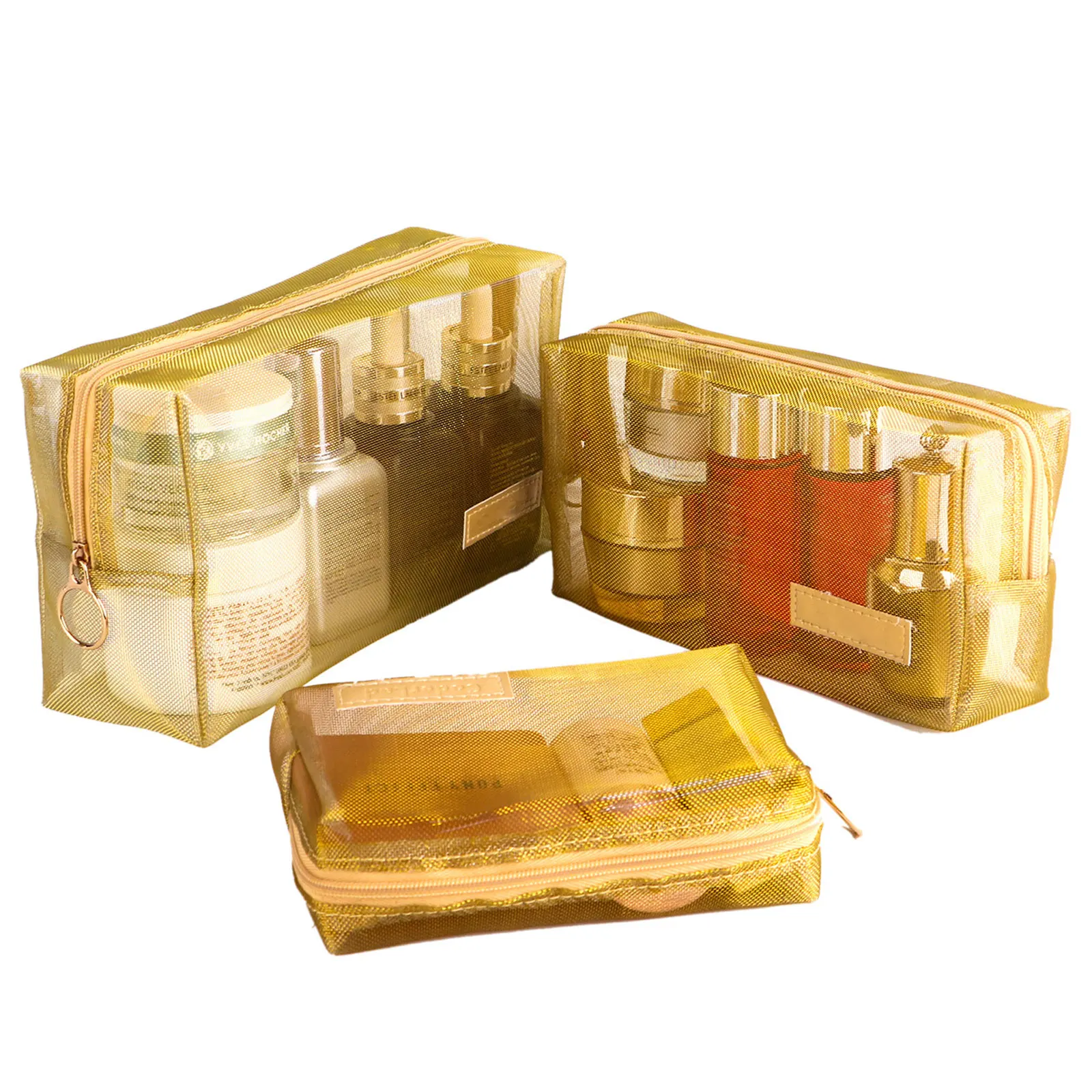

Nylon Mesh Make Up Bag for Women Men Gold Portable Travel Toiletry Beauty Case Cosmetic Organizer Breathable Zipper Puch