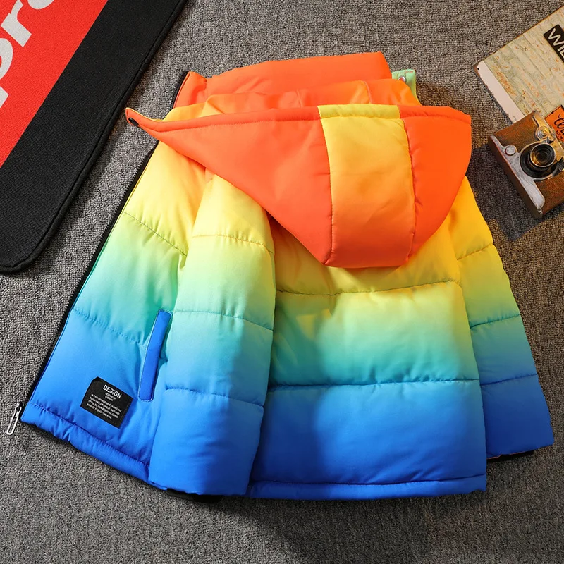 Boys' Winter Hooded Rainbow Long Sleeved Warm and Windproof Cotton Jacket Fashionable and Versatile Gradient Jacket