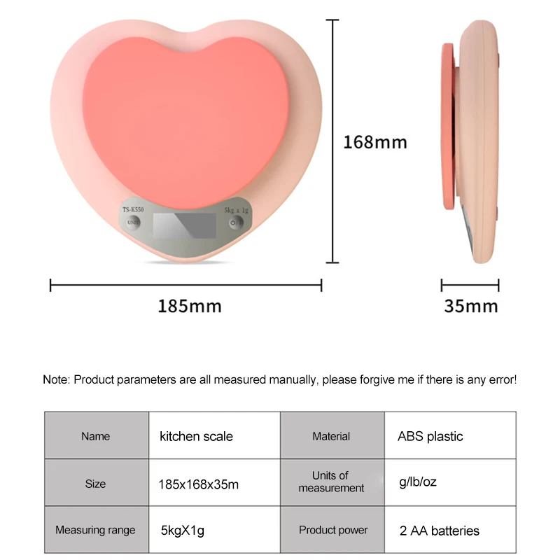 Wielofunkcyjna różowa pieczenie w kuchni w kształcie serca przenośna precyzyjna skala cyfrowa 5kg/1g 2kg/0.1g elektroniczna waga LCD