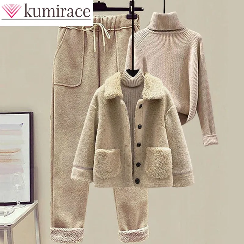 2023 Winter Lamb Plush Fur Integrated Pellet Fleece Coat Sweater Casual Pants Three Piece Elegant Women's Pants Set lamb fleece hoodie new suit middle aged dad sportswear loose men old winter thick warm coat