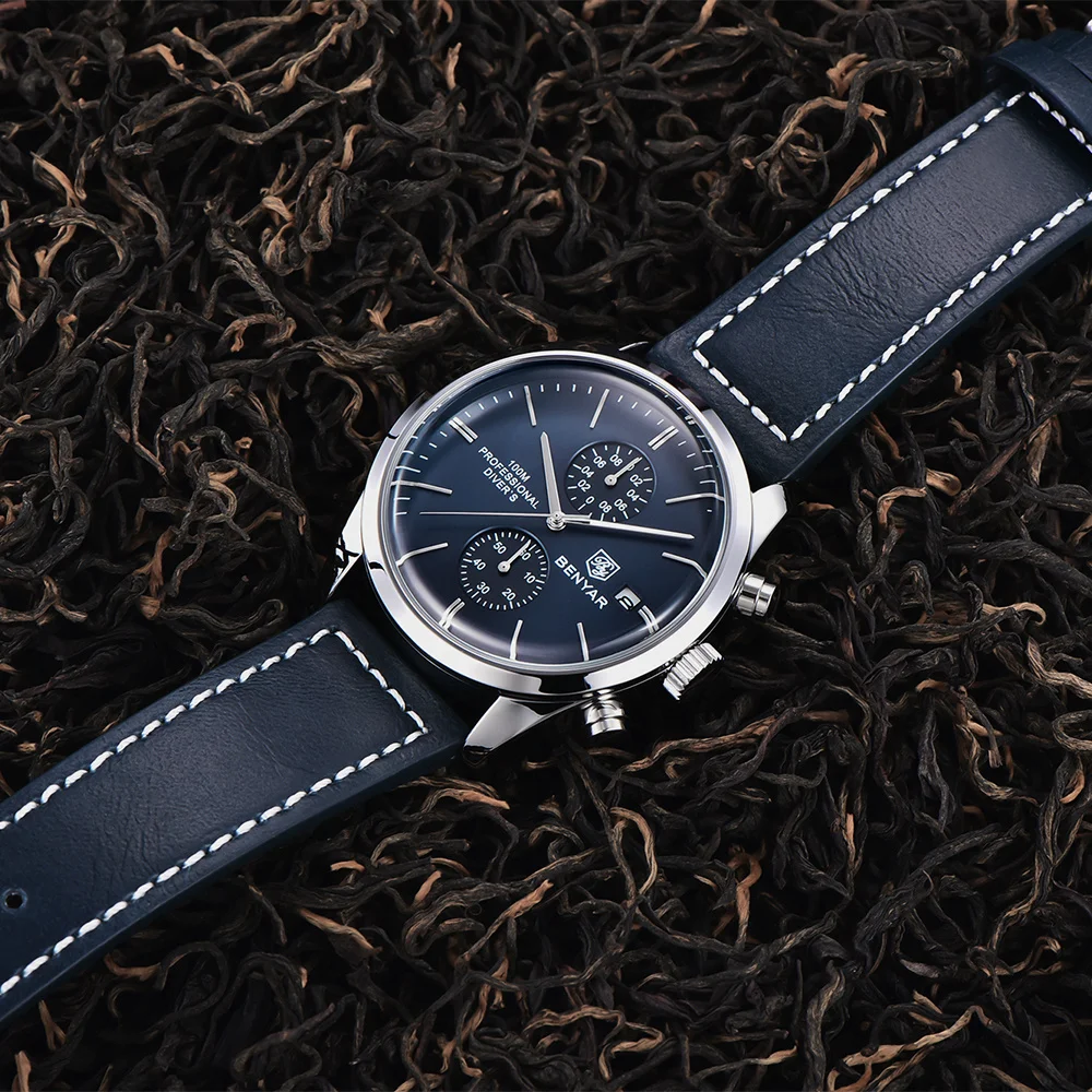 BENYAR New Leather Men Quartz Wristwatches Luxury Brand 100M Waterproof Men Watch Military Sports Chronograph Watch For Men
