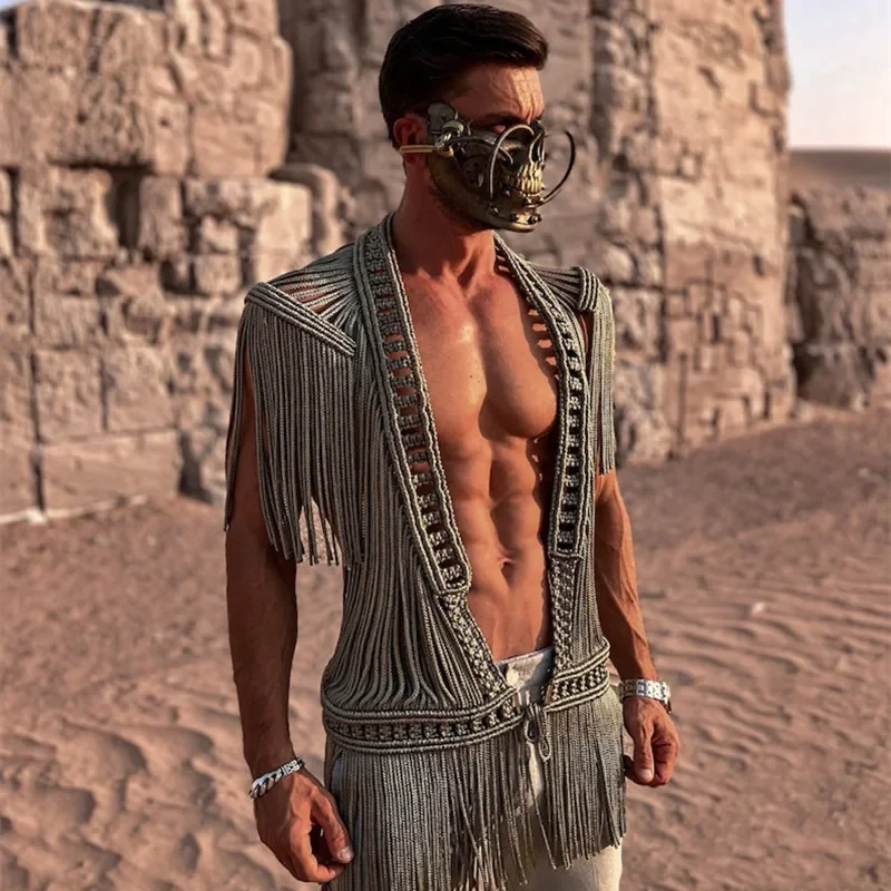 Cardigan crocheté main homme été 2025 pour plage et pêche côtier mailles ajourées avec franges