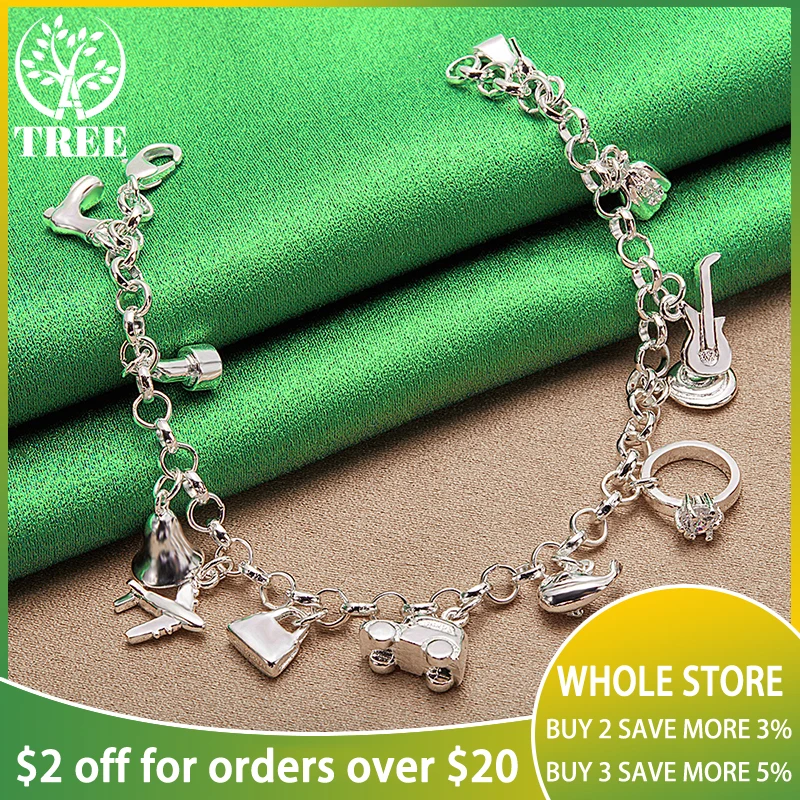 

925 Sterling Silver 20cm Aircraft Car Bag Guitar Lollipop Pendant Chain Bracelets For Woman Party Wedding Birthday Charm Jewelry