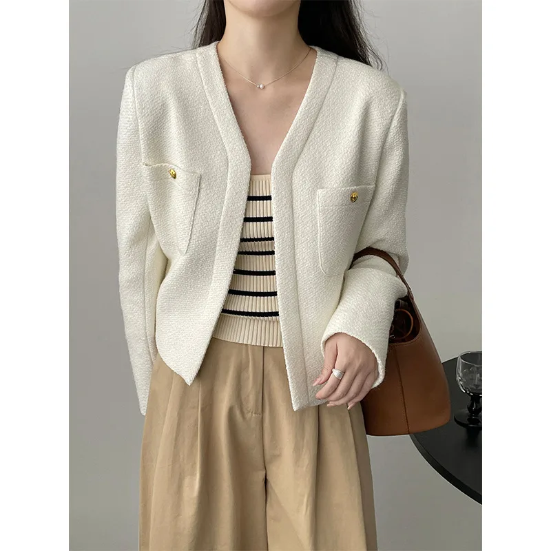 

Women White V-neck Small Fragrance Short Coat Fashion Simple Basic Black Long Sleeve Korea Chic Tweed French Casual Lady Jacket