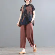  2 Piece Sets Women Casual Pants Suits New 2022 Summer Vintage Style Loose 100% Cotton Female Print Tops And Harem Pants D258 