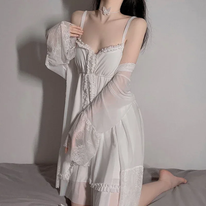 

Sweet Spring Autumn Lace Fairy Peignoir Robe Sets Women V Neck Nightdess Two Pieces White Black Princess Sleepwear Nightwear