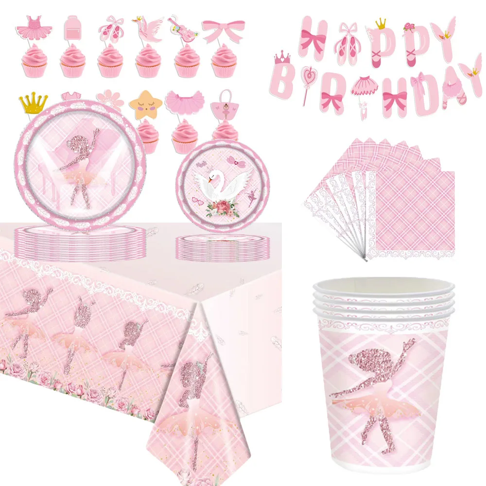 

Pink Swan Ballet Theme Party Disposable Tableware Paper Plates Napkins Princess Girls Happy Birthday Party Decor