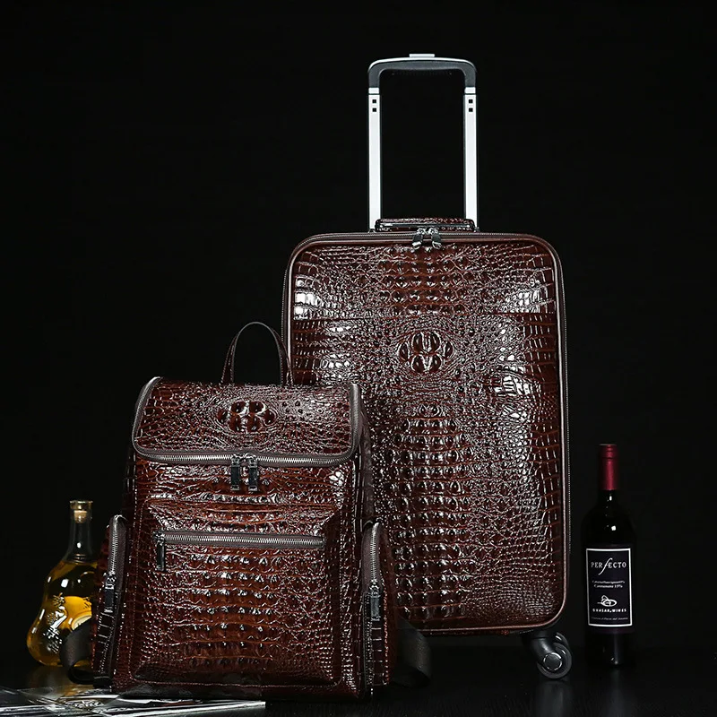 Valise de voyage en cuir véritable à motif crocodile pour homme, valise à roulettes, étui d'embarquement, sac à main SR, première couche, cuir de cercle