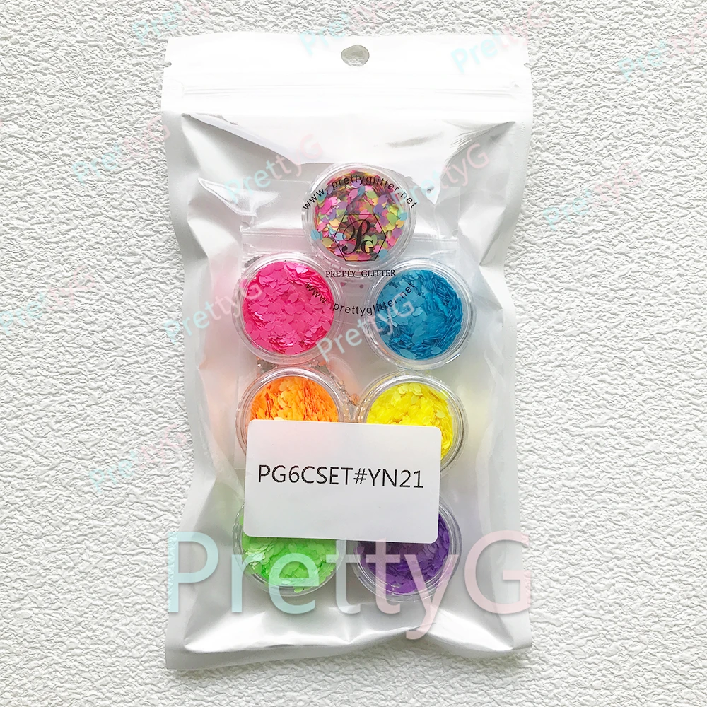 PrettyG 6색 세트 박스 3mm 미니 꽃잎 네온 형광 글리터 스팽글 레인보우 블라썸 루미너스 네일 아트 장식