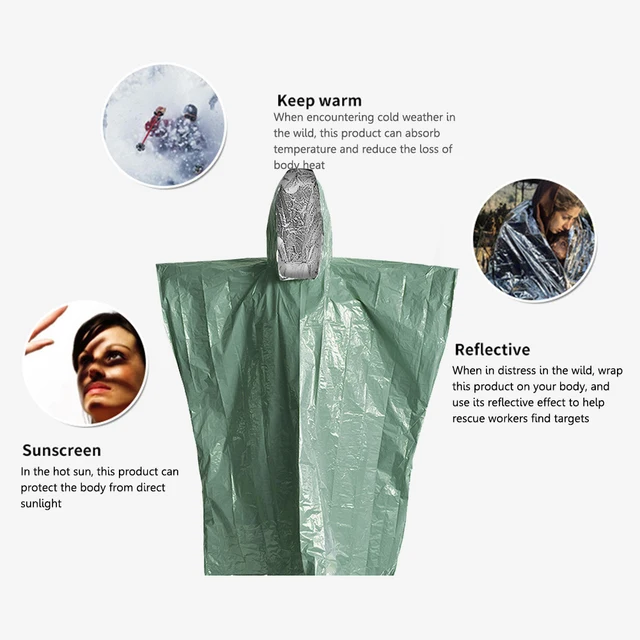 Sürgősségi Esőhárék Esőkabát Szélálló Hidegálló Esőabát Unisex Kültéri Túlélési Eszköz Túrázás Kerékpározás Elsősegély -Ellátás Zöld - Image 6