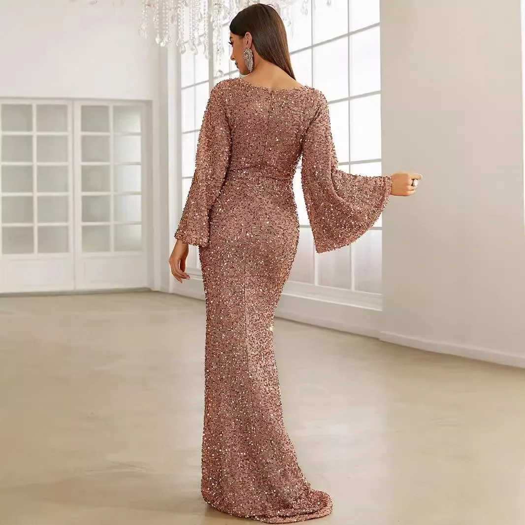 فستان سهرة طويل عصري جديد لعام 2025 مزين بحجر الرا...