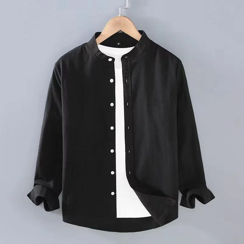 Men's Shirt Linen Solid Color Stand Collar Long Sleeve Henry White Black Soft Comfortable Simple Spring Summer Slim Fashion 2023 henry golding black