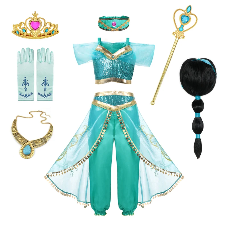 thumbnail image 1 of Disney-vestido de princesa Jasmine para fiesta de cumpleaños, conjunto de ropa de Cosplay de Aladdín, lámpara agic, Top, pantalones y diadema, 1 of 5