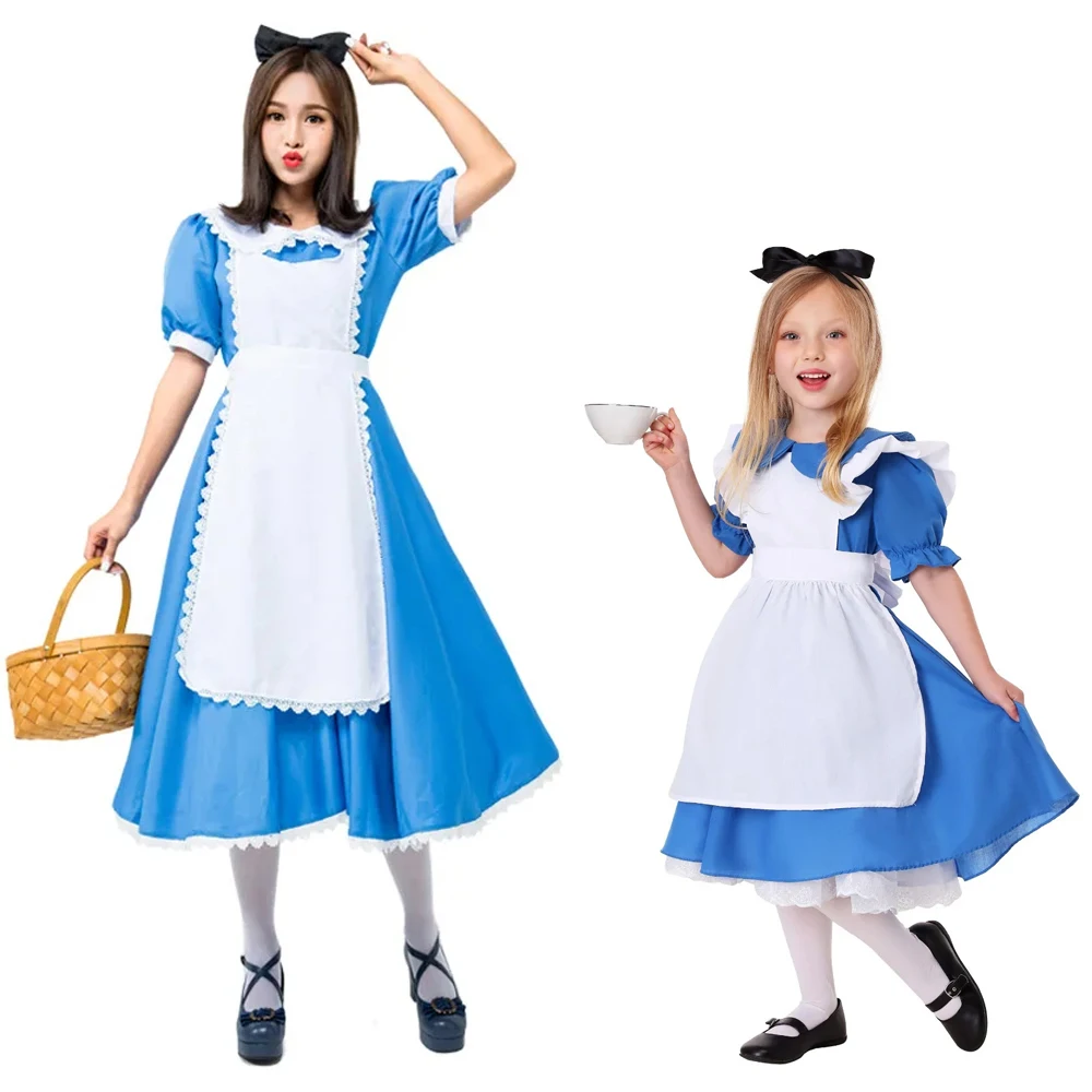 

Косплей-костюмы на Хэллоуин из аниме «Алиса» в стране чудес, приключения, женское платье, наряды горничной, Лолиты для взрослых, детей и девочек