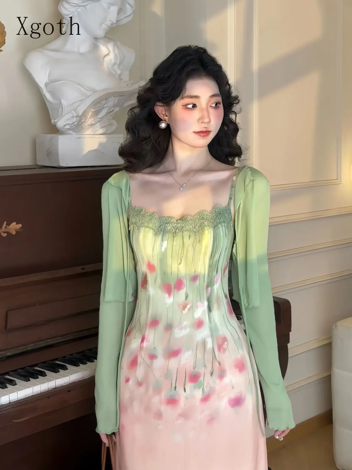 Xgoth Sweet Oil Painting Dyed Strap Camisole Dress for Women Summer Beach  Style Waist Slimming Long Dress Green Coat 2 Piece Set - AliExpress  200000345
