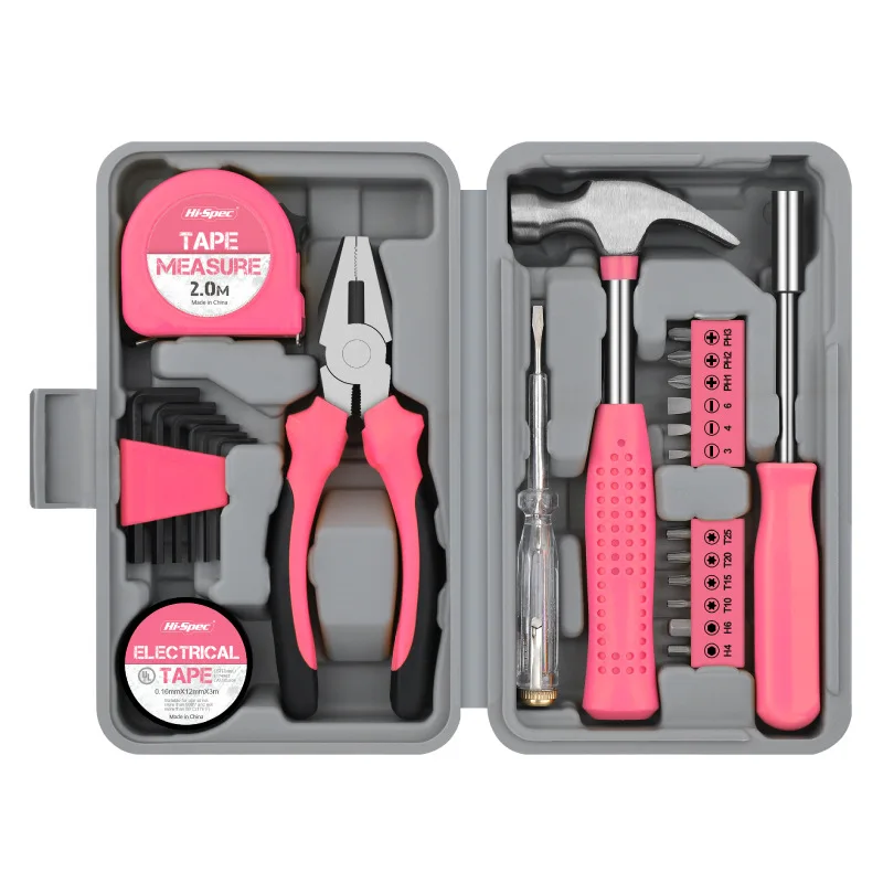 

24 In 1 Multifunctional Home Repair Hand Tool Set Pliers Tape Measure Hammer Wrench Screwdriver Pink Hardware With Toolbox