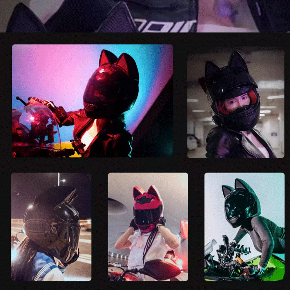 Capacete de motocicleta Wangbadan com orelha de gato, masculino e feminino,  capacete de rosto inteiro de gato bonito, padrão de certificação  DOT/FMVSS-218, adequado para todas as estações, preto, M