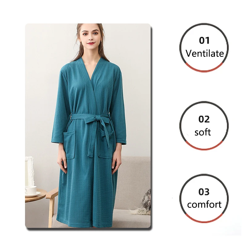 رداء وافل متين مقاس كبير بيجامات للزوجين ماصة سريعة الجفاف رداء حمام للرجال ملابس نوم للنساء ملابس منزلية باللون الأسود والأخضر Xxl